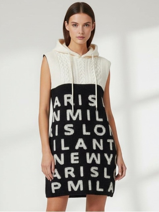 AKIRA Dresses & Skirts - AKIRA ABC'S City Print Hoodie Mini Dress Sz XL Black White Cable Knit Streetwear